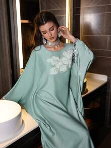 Al Najma 女士春夏绿色编织圆领长袖连衣裙，饰有3D水钻，优雅土耳其和阿拉伯传统束腰外衣 - 綠色 - 查看 4