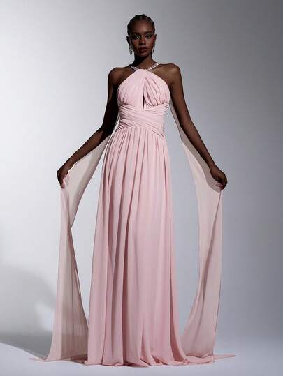 Elitara 优雅奢华粉色飘逸雪纺宽肩带性感露背披肩式女士正式晚礼服