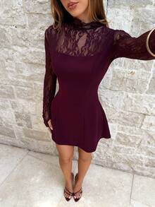 Aloruh 女士优雅高领修身透视腰部A字迷你连衣裙，酒红色 - 酒紅色 - 查看 6