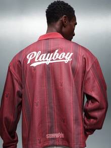 PLAYBOY X SUMWON 兔子标志红色条纹长袖翻领Polo衫，印花图案混搭 - 紅色 - 查看 2