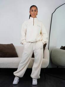 SAYEHFBABY 2件套女士刺绣长袖宽松上衣和休闲裤套装 秋冬运动服套装 - 卡其色 - 查看 4