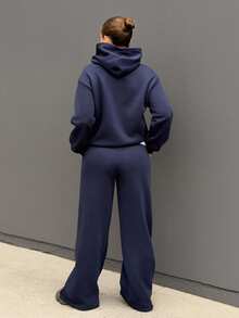 Kuleshova 女士秋冬新款保暖休闲宽松连帽衫和运动裤两件套，海军蓝 - 藏蓝色 - 查看 2