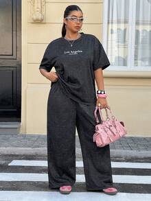Muchica 大码女式宽松休闲T恤和裤子两件套 - 黑色 - 查看 4