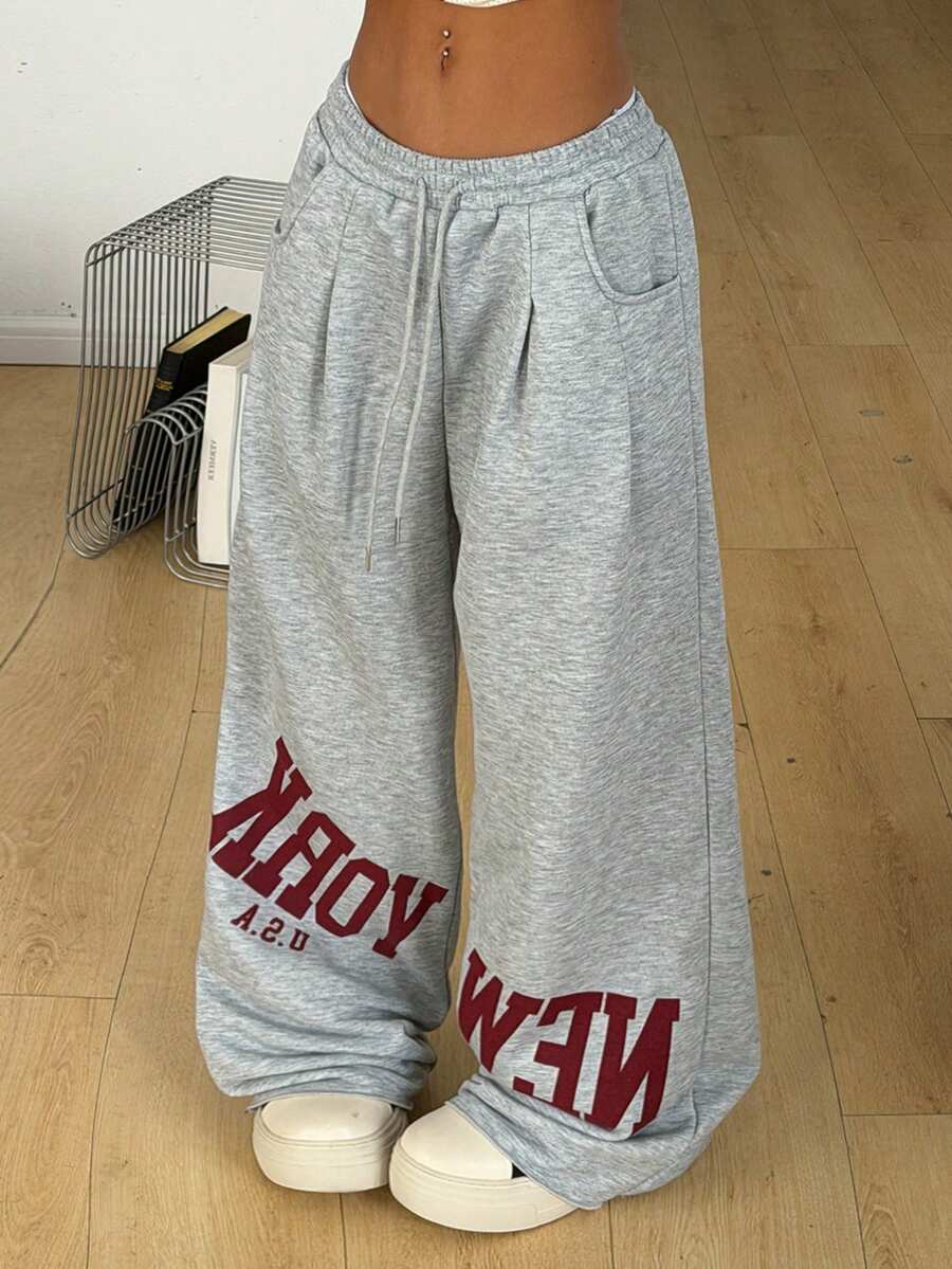 Coolane Summer Outfits Women Concert Outfit Streetwear Y2K Casual Daily Wear Sportswear Grey Gym Graphics Wide Leg Sweatpants - Grey - View 1