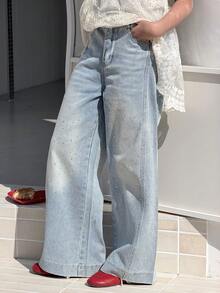 Dazy Kids Tween Girls' Casual Everyday Commute Fashion Street Rhinestone Washed Loose Wide Leg Jeans - Blue - View 4