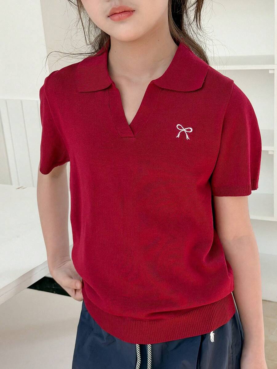 Dazy Kids Tween Girl Bow Embroidery Collar Short Sleeve Casual Knit Top - Burgundy - View 1