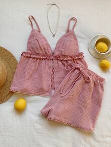Conjunto informal de 2 piezas de mujer en azul marino con lunares, incluye camiseta de tirantes y pantalones con estampado de lunares, adecuado para primavera, verano, vacaciones, hogar, festivales de música, vuelta al colegio, atuendos casuales - Rosa 3 - Ver 6