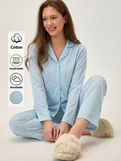 Loomlin Cotton Women 2 Pcs Contrast Colour Star Pattern Button Front Homewear Pajama Set For Ladies Soft Pajamas Set Sleeping Pajamas For Women Lounge Sets For Women Sleepwear Light Blue Pajama Set Light Blue Pj Set
