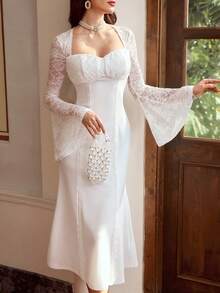 Vintamour Váy hoa trắng thanh lịch phong cách vintage cho nữ, phối ren patchwork, viền bèo nhún, dáng ôm bodycon, trang phục dự tiệc cưới, tiệc cưới, mùa hè, mùa xuân, kỳ nghỉ - trắng - Xem 7