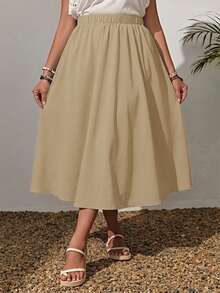 Rusticease Plus Size Women Solid Color Elastic Waist Casual Commuter Skirt - Khaki - View 4