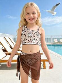 3pcs Young Girl Swimwear Set, Cute Leopard Print Rabbit Bikini With Beach Skirt - Brown - View 3