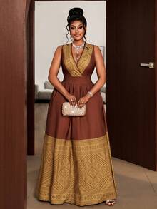 Maweii Plus Size V-Neck Geometric Pattern Ruffle Hem Sleeveless Dress - Brown - View 2