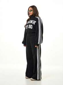 SUMWON WOMEN Bronx 1990 Print Track Jacket With Side Stripes Casual Urban Streetwear Long Sleeve Zip Up Sweatshirt - Black - View 6