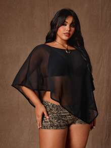 Rustia Áo khoác ngoài bằng vải chiffon màu đen trơn dành cho nữ cỡ lớn, kiểu dáng rộng rãi, thoải mái, xẻ tà, xuyên thấu, đa năng, áo sơ mi mùa hè thời trang. - màu đen - Xem 3