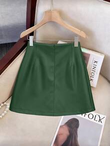 Franclia 女士时尚优雅派对百搭不对称金属扣装饰皮裙 - 墨綠色 - 查看 2