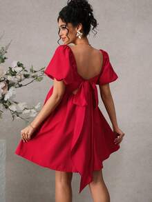 Momance 孕妇连衣裙，泡泡袖，方领，前片褶皱，后背蝴蝶结设计，A字下摆短款连衣裙 - 紅色 - 查看 1