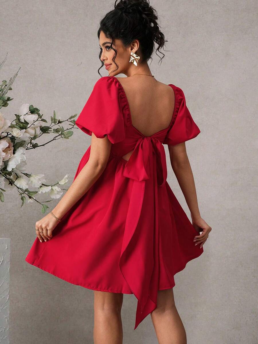 Momance 孕妇连衣裙，泡泡袖，方领，前片褶皱，后背蝴蝶结设计，A字下摆短款连衣裙 - 紅色 - 查看 1