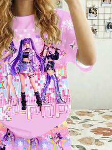 少女休闲卡通印花圆领短袖T恤短裤睡衣套装，适合夏季穿着 - 彩色 - 查看 5