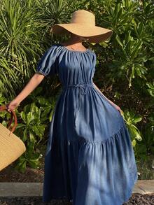 DAZY Women's Off-Shoulder Cinched Waist Short Sleeve Vacation Style Long Denim Dress - Medium Wash - View 6