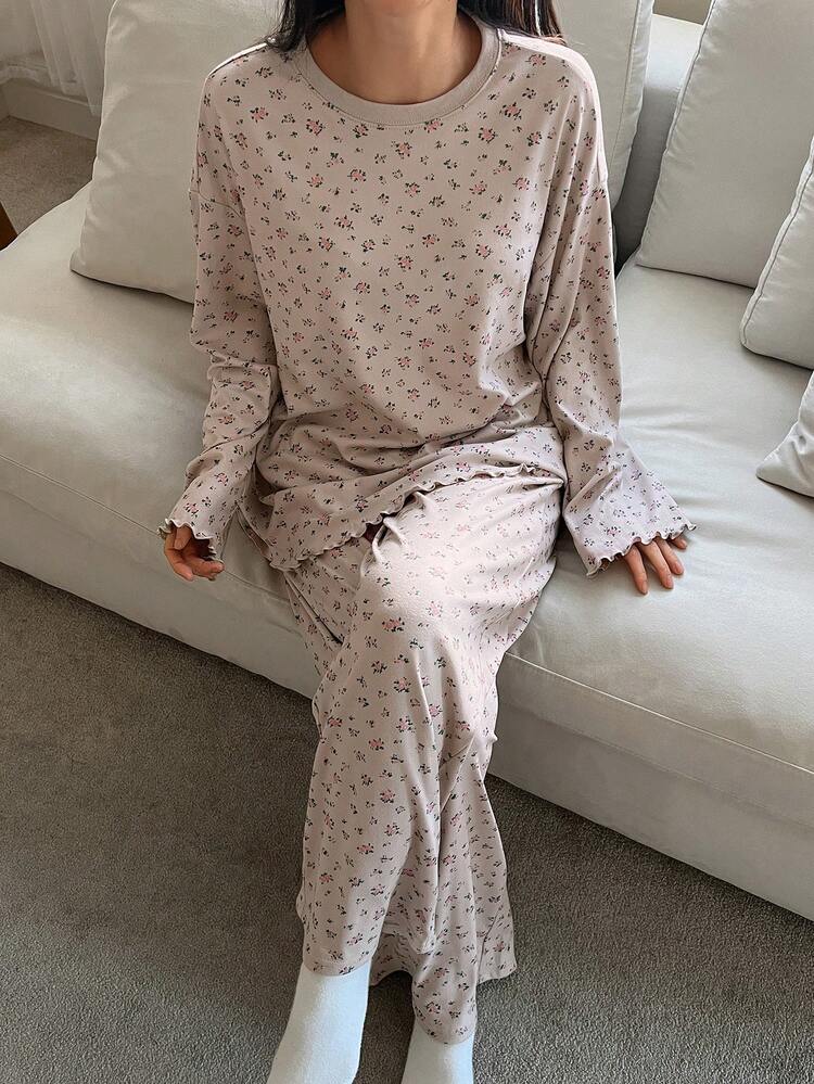 2pcs/Set Women Ditsy Floral Loose Comfortable Long Sleeve T-Shirt And Pants Pajama Set, Autumn