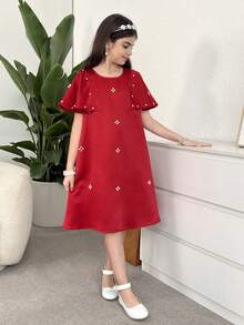 SHEIN Tween Girls' Casual Short Sleeve Round Neck Dress - Red - View 3
