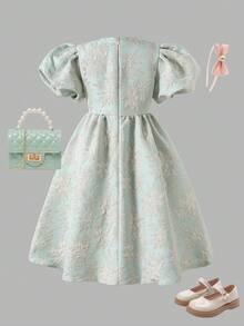 Girls' Summer Dress With Puff Sleeves, Jacquard Fabric, Bow Tie, A-Line Skirt, Fashion Elegant Dress, Suitable For Daily Wear, Afternoon Tea, Vacation, Photo Shoot, Ages 8-12 - Blue - View 2