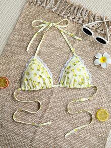 INAWLY Women's Lace Trim Halter Neck Bikini 2 Pieces Set, Fashionable Summer - Light Yellow - View 3