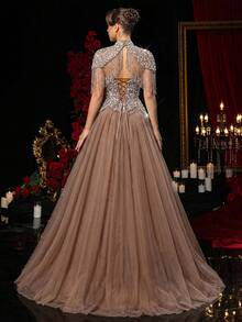 Glamrae 优雅奢华的串珠亮片花卉可拆卸外套和薄纱长裙，适合婚礼、派对、度假、盛会、正式场合（装饰繁复） - 藕粉色 - 查看 3