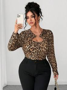 Elenzga Áo thun in họa tiết da báo, kiểu dáng thời trang, giản dị, cổ điển, thanh lịch, thích hợp đi làm, cổ khoét, đính nhẫn vàng. - màu nâu - Xem 5