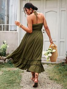 SHEIN VCAY Vestido casual de vacaciones con cuello halter sin espalda de unicolor para mujer de talla grande - Verde militar - Ver 11