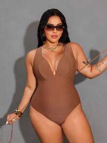 Shapewave Große Größen Eleganter einteiliger Badeanzug in Unifarbe für Damen - Kaffeebraun - Übersicht 6