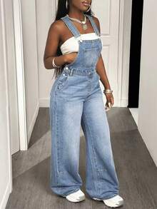 Slaydiva Women's Casual Everyday Commute Fashion Street Loose Denim Bib Pants - Medium Wash - View 4