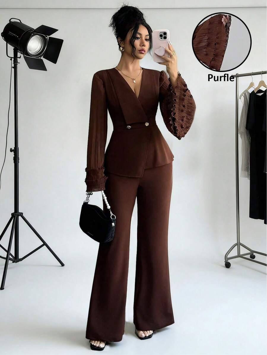 Elenzga Bộ vest công sở thanh lịch, lãng mạn, tối giản dành cho nữ, gồm áo blazer tay dài xếp ly, viền bèo nhún, cài hai hàng khuy bất đối xứng và quần ống đứng. - Cà phê nâu - Xem 1
