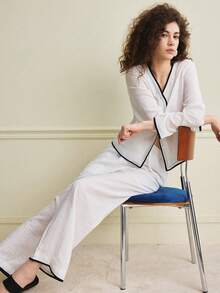 Écloséra Women's Casual Simple Black & White Contrast V-Neck Button Shirt And Wide Leg Pants 2 Piece Set - White - View 1