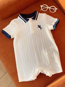 SHEIN 男女宝宝可爱撞色拼接Polo领短袖连体衣，春夏男宝宝服装套装 - 藏蓝色 - 查看 7