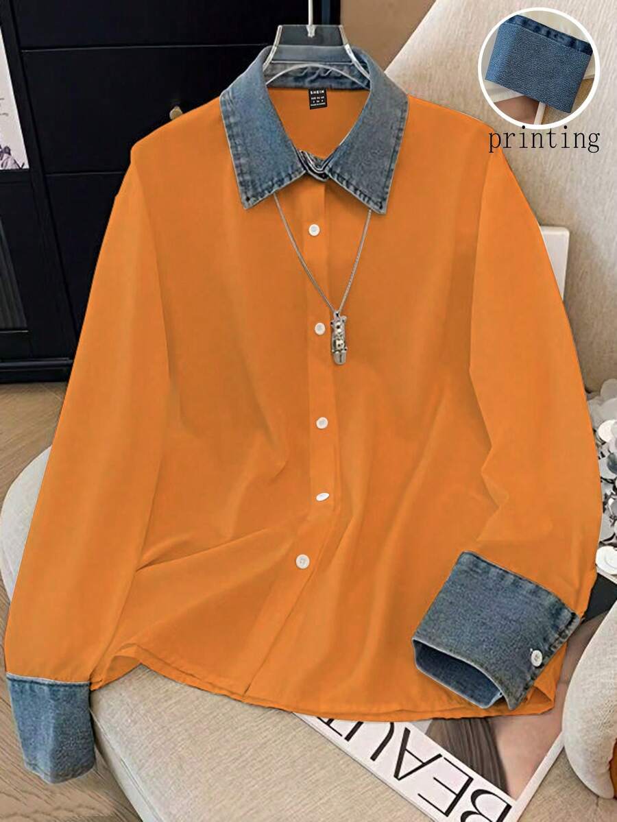 GlowEve Women's Casual Long Sleeve Orange Colorblock Button Front Shirt With Denim Collar And Cuffs For Everyday Wear - Orange - View 1