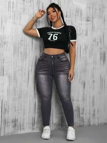 SHEIN ICON Plus Size Women Casual Denim Jeans Grey Jeans Women Jeans High Waist Curvy Jeans  Curve Jeans - Grey - View 5