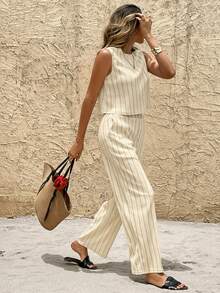 SHEIN Frenchy Women's Casual Vacation Striped Print Sleeveless Top And Wide Leg Pants 2 Pieces Set, Suitable For Spring, Summer, Autumn - Beige - View 2