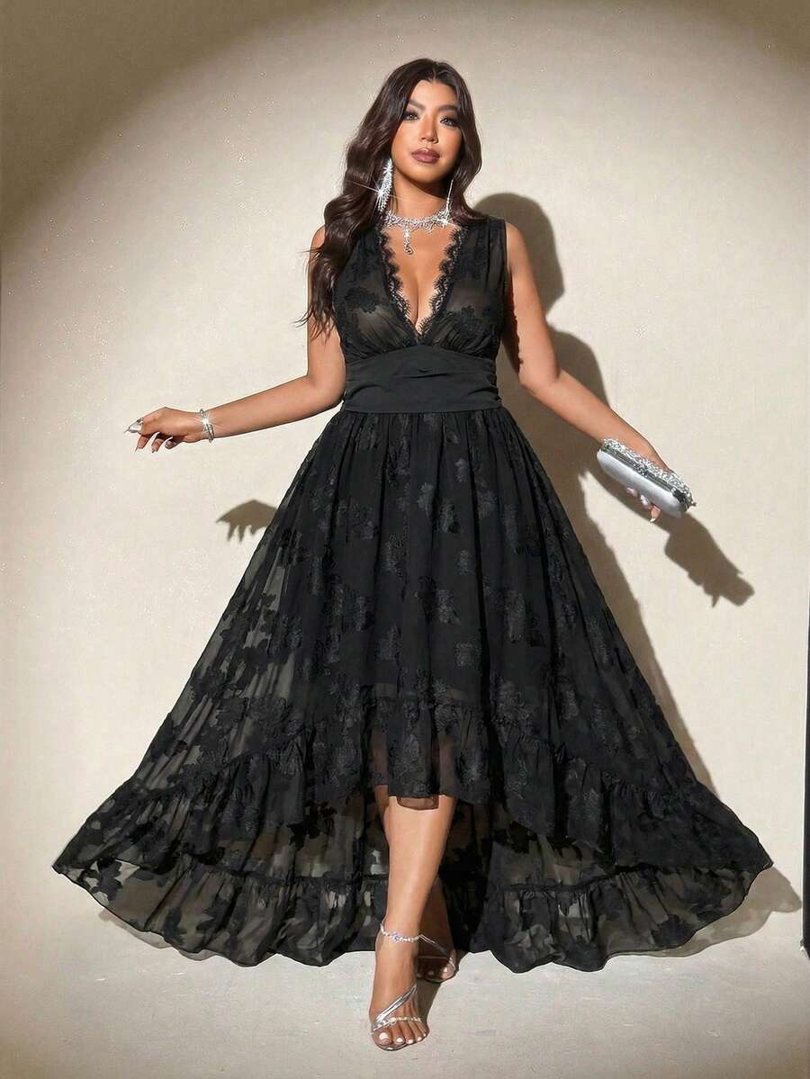 Viva Relle 大码无袖优雅浪漫时尚连衣裙 - 黑色 - 查看 1