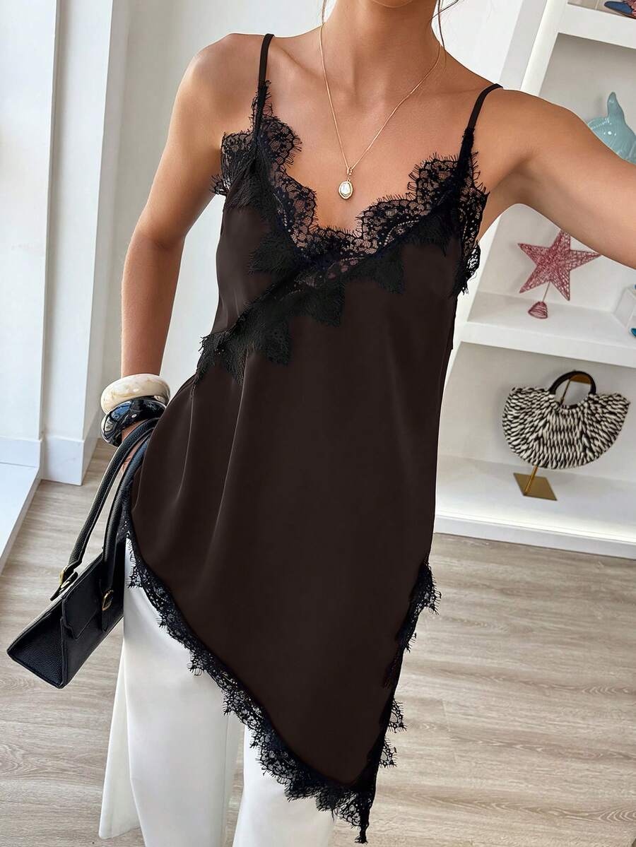 Elouméa Camiseta sin mangas de mujer de estilo urbano casual con cuello en V, bajo asimétrico de encaje y parches de unicolor - Marrón Chocolate - Ver 1