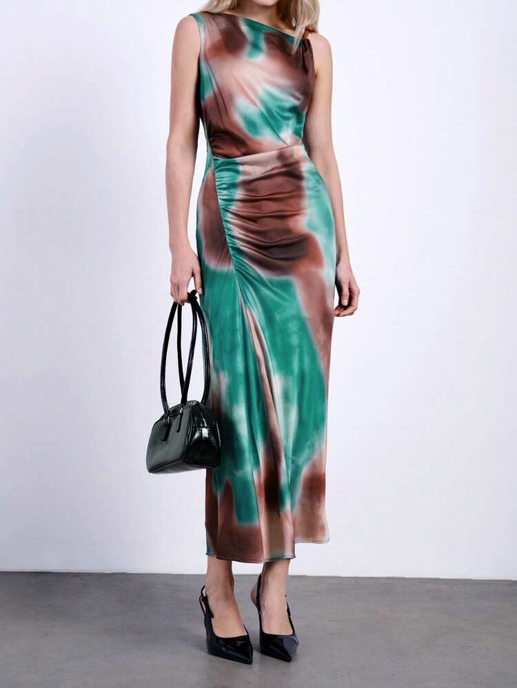 SHEIN Maija Women's Tie Dye Pattern Print Sleeveless Dress With Side Ruched Waist And High Slit, Versatile, Elegant And Romantic Design For Spring/Summer, Suitable For Valentine's Day And Holiday Vacation Festival