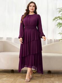 Reflora 大码优雅纯色褶皱腰灯笼袖连衣裙，秋季 - 紫色 - 查看 5
