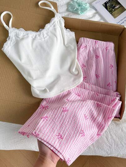 SHEIN Teen Girls Pajamas Set, Pink & White Striped Bow Lace Patchwork Solid Color Camisole And Striped Pants, Casual Sleepwear Suit, Suitable For All Seasons, BM Style