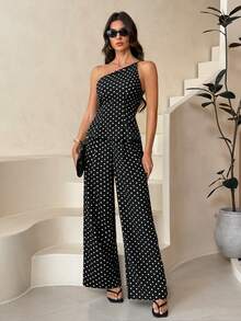 SHEIN Tall Bộ đồ nữ 2 món gồm áo trễ vai chấm bi và quần dài, phong cách tối giản thường ngày. - màu đen - Xem 6