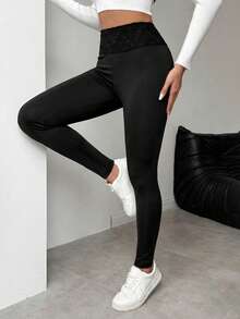 Isle Nomé Women's Casual Solid Color Lace Patchwork Leggings, Versatile For Spring - Black - View 3