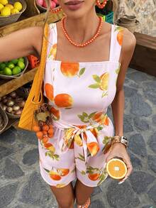 Selianne Áo liền quần hai dây màu hồng nhạt in họa tiết trái cây cam, cỡ tiêu chuẩn, thích hợp cho kỳ nghỉ xuân/hè. - Nhiều màu - Xem 4