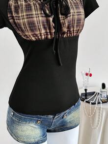 Elamini French Retro Plaid Contrast Lace Trim Square Neck Short Sleeve Fitted T-Shirt, Sweet & Spicy Design, Spring/Summer - Black - View 4