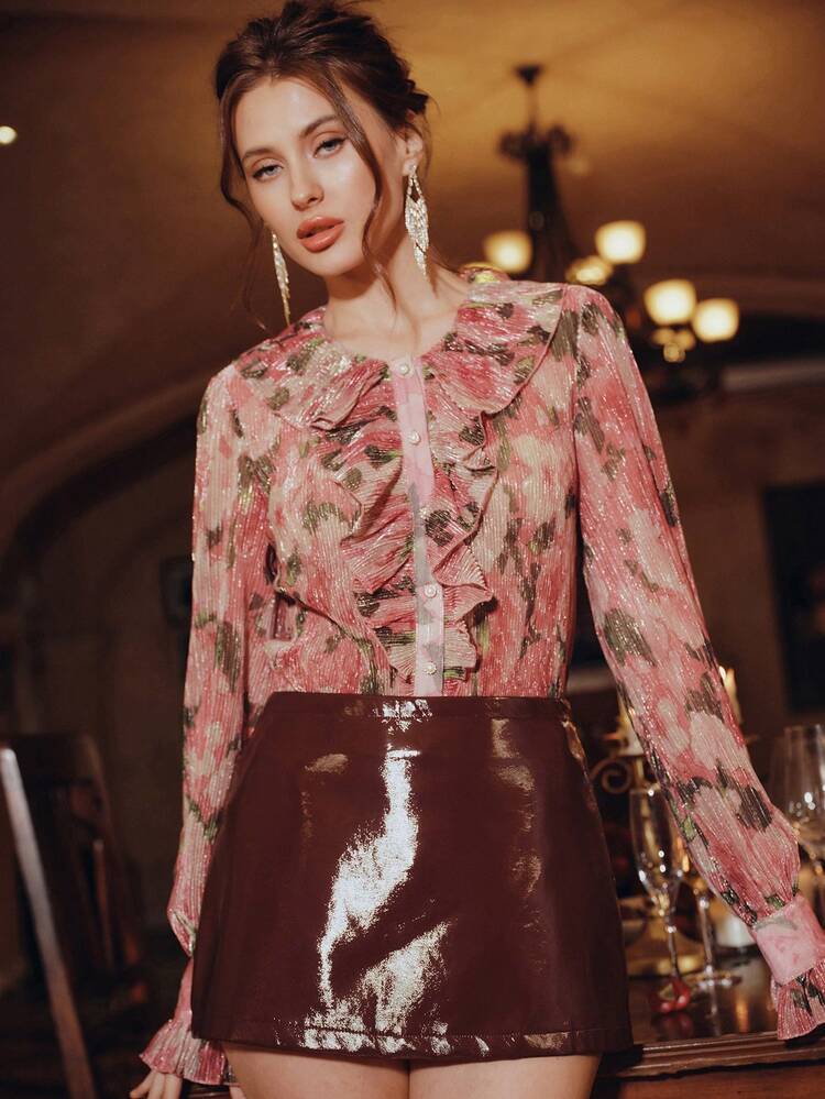 Spring Floral Ruffle Hem Design Blouse, Elegant Pink Blouse For Women