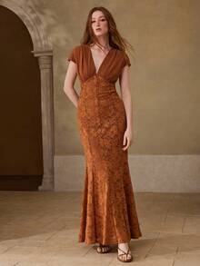 MOTF PREMIUM WOMEN'S ELASTIC KNIT FABRIC CONTRAST LACE ELEGANT DRESS, SPRING/SUMMER - Brown - View 4