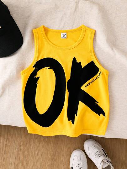 SHEIN 1pc Boys' Casual Loose Solid Color English Graphic Sleeveless Tank Top, Suitable For Daily Wear, School, Outings, Sports, Spring/Summer